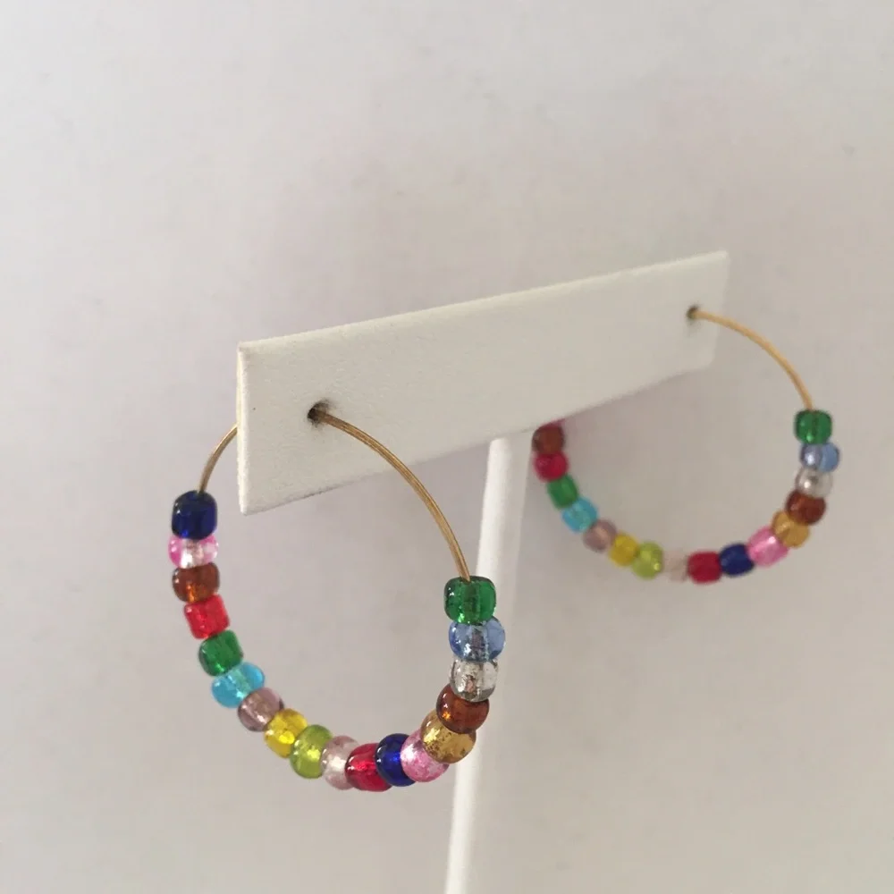 HAND CRAFTED Hoop Earrings Jewel Tones Multicolor Rainbow Pierced